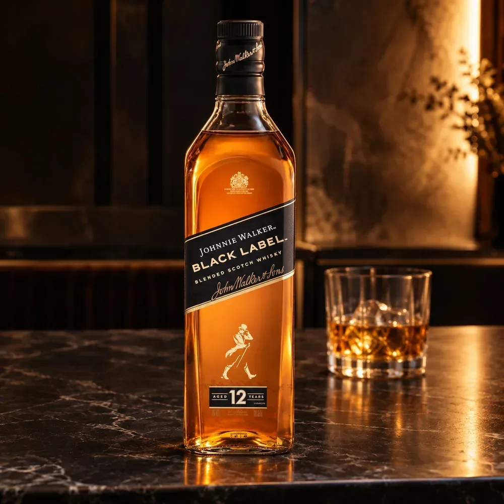 Black Label 12 no balcão do bar, com uma dose no copo baixo