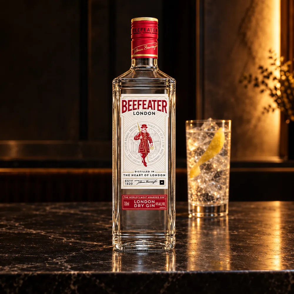 Garrafa de Beefeater sobre um balcão de mármore escuro, à luz baixa do bar, com um copo de gin-tônica ao lado