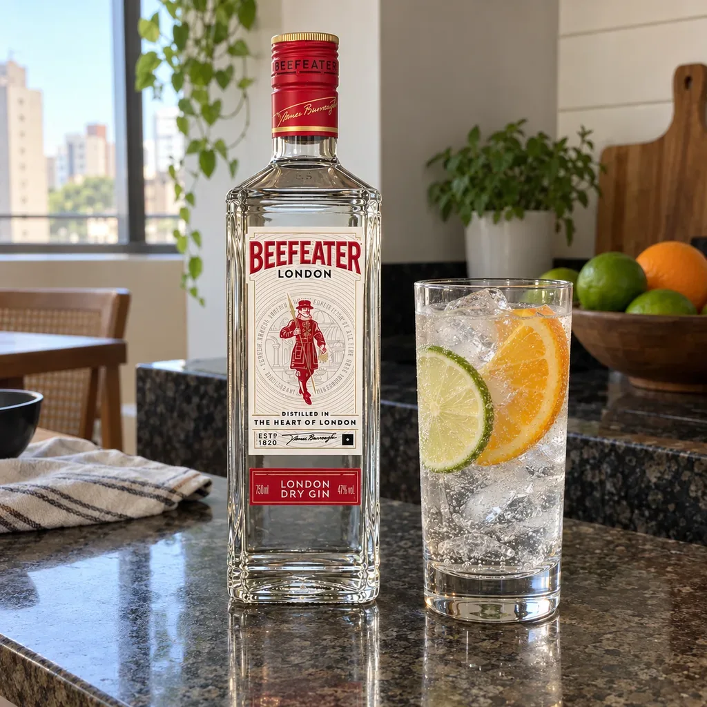 Beefeater aberto na bancada de granito da cozinha, com um copo alto de gin-tônica, gelo, limão e laranja