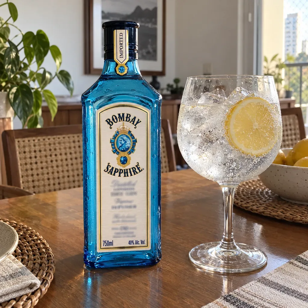 Bombay Sapphire na mesa de madeira da sala, ao lado de uma taça bojuda com gelo e uma rodela de limão