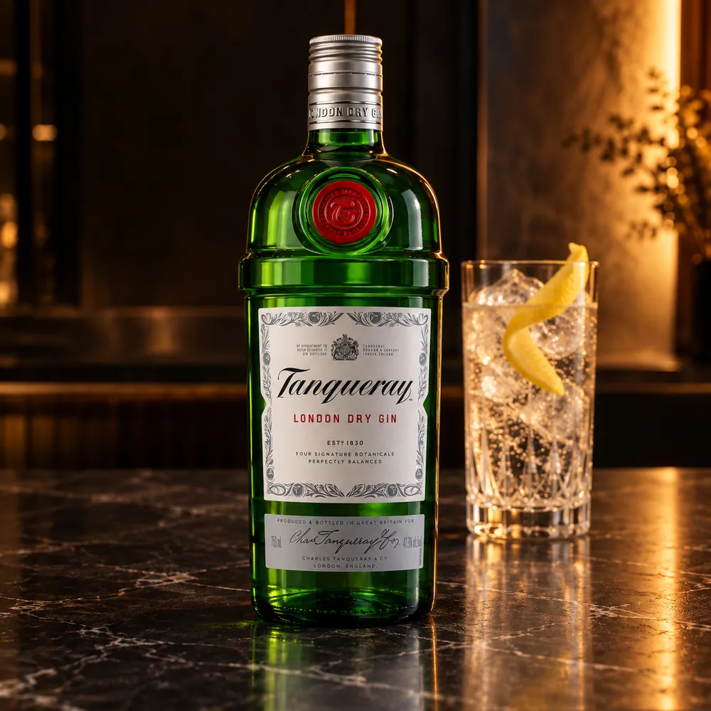 Garrafa verde de Tanqueray num balcão de mármore escuro do bar, com um copo de gin-tônica