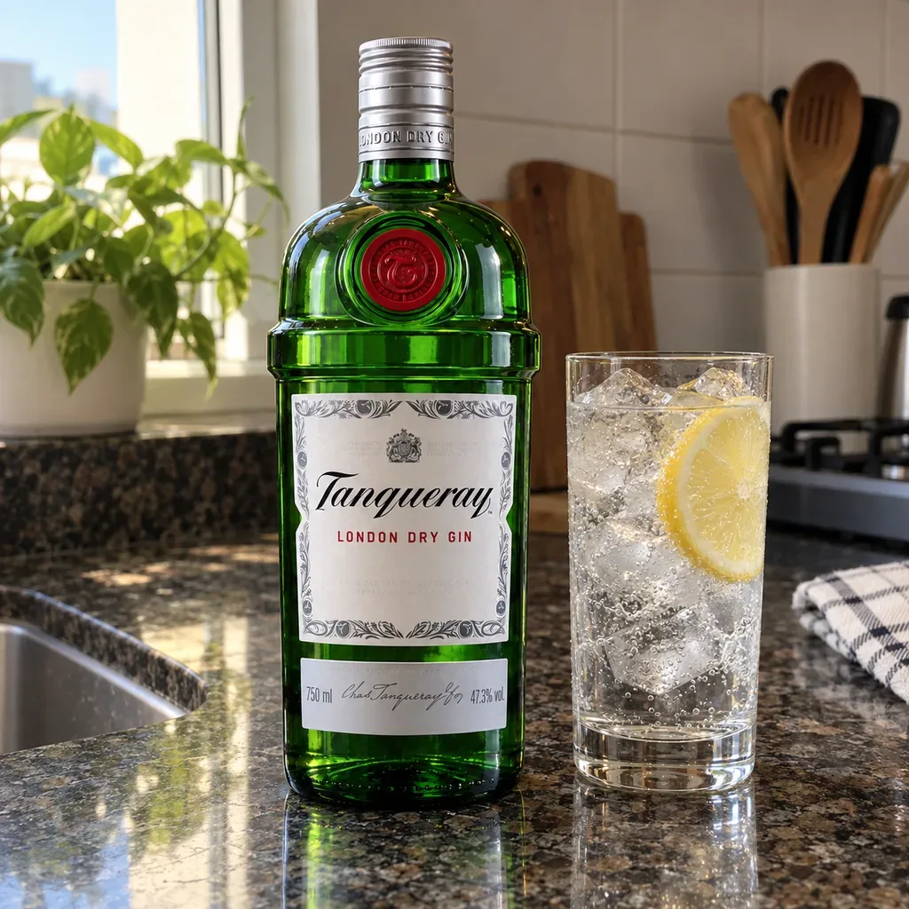 Tanqueray verde ao lado da pia da cozinha, com um copo de gin-tônica cheio de gelo e limão
