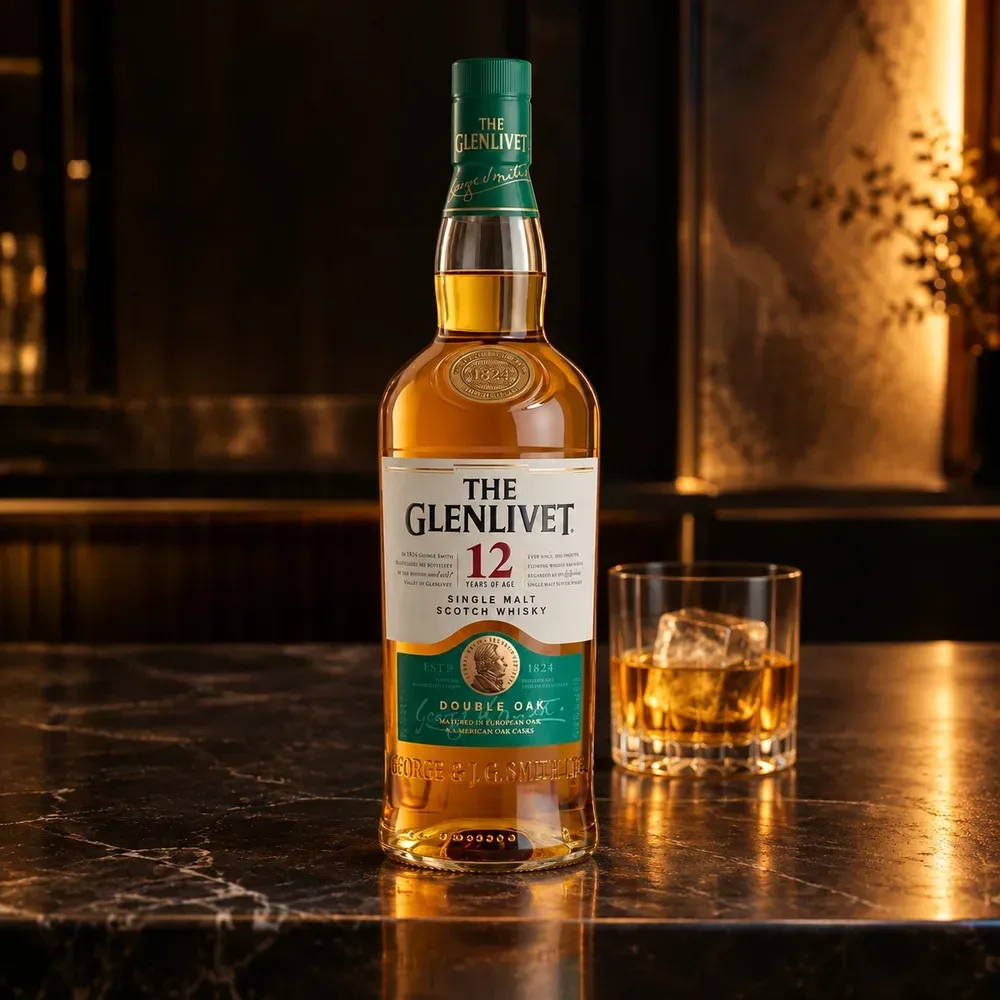 Glenlivet 12 Double Oak no balcão do bar, ao lado de uma dose com gelo