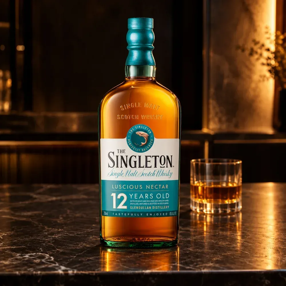 Singleton de Dufftown 12 no balcão, com uma dose pura servida